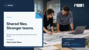 Data Center News coverage of McClure’s PeerGFS deployment; illustrative engineering collaboration scene.
