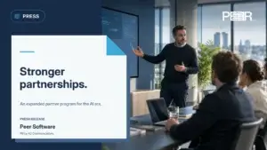 Peer Software: Stronger partnerships. An expanded partner program for the AI era. Illustrative AI-generated scene.