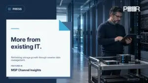 MSP Channel Insights: More from existing IT. Rethinking storage growth through smarter data management. Illustrative AI-generated scene.