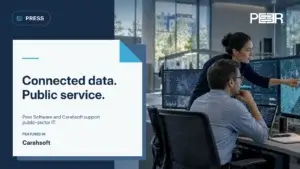 Carahsoft: Connected data. Public service. Peer Software and Carahsoft support public-sector IT. Illustrative AI-generated scene.