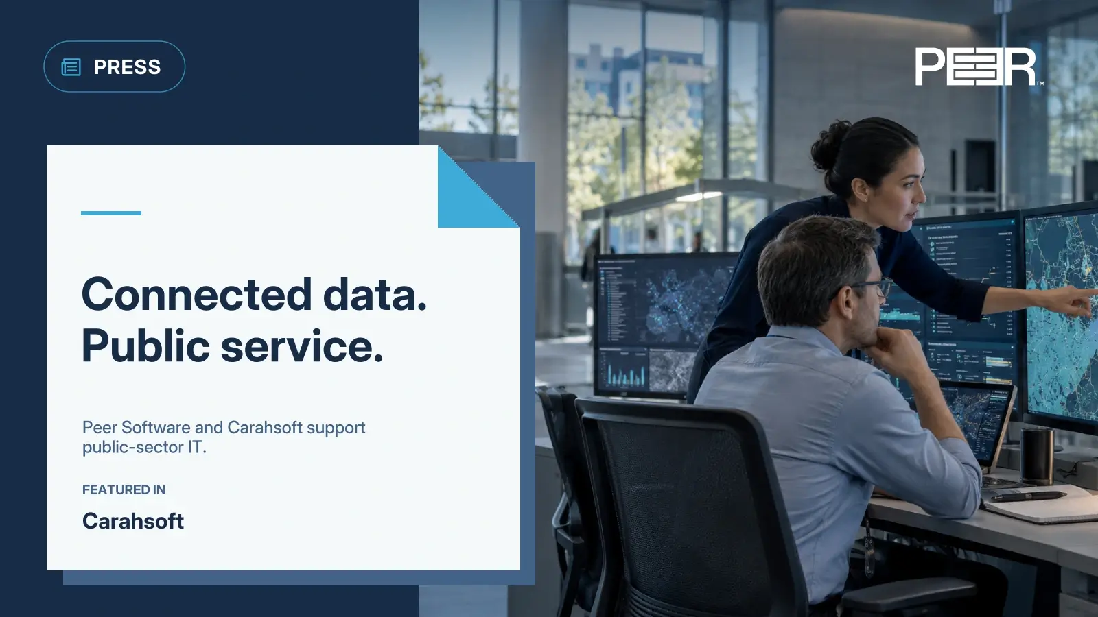 Carahsoft: Connected data. Public service. Peer Software and Carahsoft support public-sector IT. Illustrative AI-generated scene.