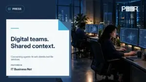 IT Business Net: Digital teams. Shared context. Connecting agentic AI with distributed file services. Illustrative AI-generated scene.