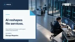 Storage Magazine: AI reshapes file services. How distributed storage could support autonomous teamwork. Illustrative AI-generated scene.