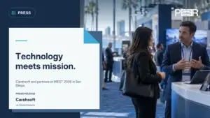Carahsoft: Technology meets mission. Carahsoft and partners at WEST 2026 in San Diego. Illustrative AI-generated scene.