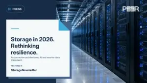 StorageNewsletter: Storage in 2026. Rethinking resilience. Active-active architectures, AI and smarter data placement. Illustrative AI-generated scene.