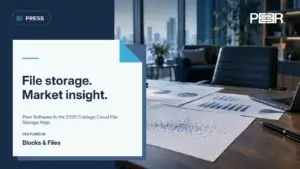 Blocks & Files: File storage. Market insight. Peer Software in the 2025 Coldago Cloud File Storage Map. Illustrative AI-generated scene.