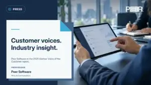 Peer Software: Customer voices. Industry insight. Peer Software in the 2025 Gartner Voice of the Customer report. Illustrative AI-generated scene.