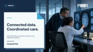 Hospital Hub: Connected data. Coordinated care. Why timely data movement matters across healthcare systems. Illustrative AI-generated scene.