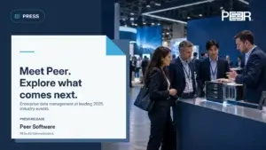 Peer Software: Meet Peer. Explore what comes next. Enterprise data management at leading 2025 industry events. Illustrative AI-generated scene.