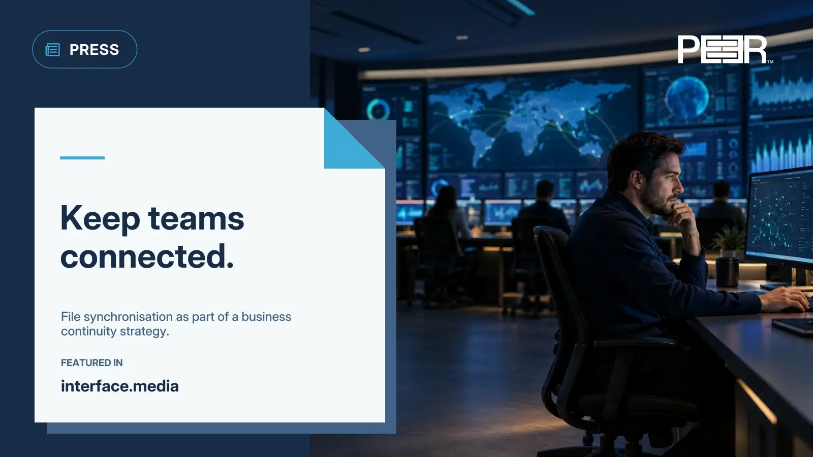 interface.media: Keep teams connected. File synchronisation as part of a business continuity strategy. Illustrative AI-generated scene.