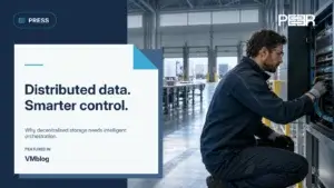 VMblog: Distributed data. Smarter control. Why decentralised storage needs intelligent orchestration. Illustrative AI-generated scene.